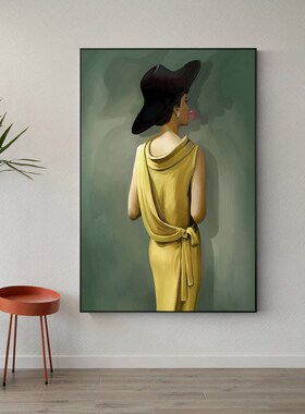 现代简约北欧小众客厅装饰画女性吹泡泡黄色试衣间挂画橙色晶瓷画