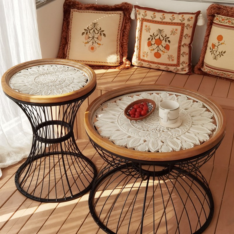 美式乡村客厅沙发边几铁艺角几实木雕花复古圆形桌子小茶几咖啡桌
