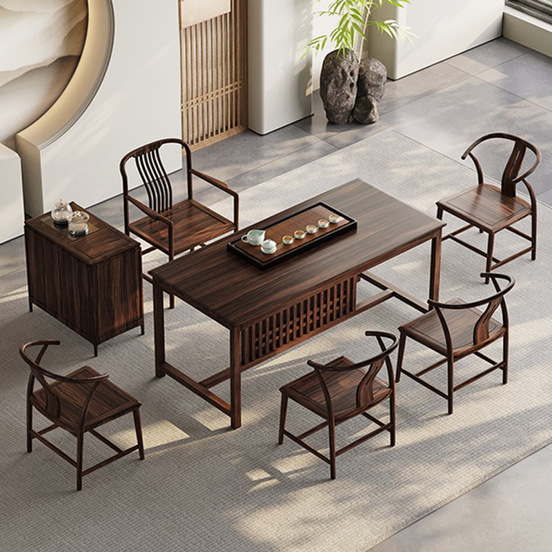 新中式实木茶台椅组合现代简约办公室茶台乌金木家用茶车茶桌一体