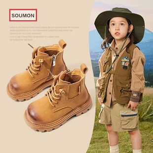 真皮儿童皮靴2023秋冬季新款加绒棉靴女童小黄靴男小童马丁靴软底