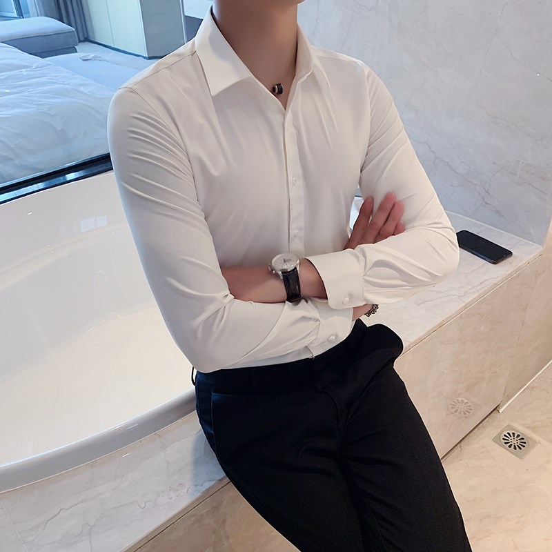 男士薄款长袖白衬衫商务英伦修身纯色衬衣韩版男装休闲青年衫男
