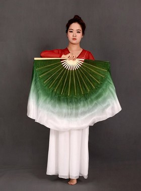真丝舞蹈扇子跳舞扇加长双面古典舞演出道具墨绿渐变色广场舞绸扇