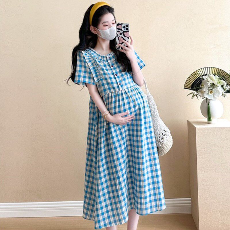 孕妇装夏装短袖刺绣格子连衣裙宽松大码休闲显瘦裙子夏季孕妇裙夏