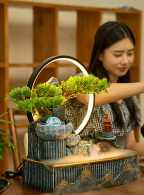桌面鱼池假山喷泉风水轮循环水摆件 新中式树脂材质