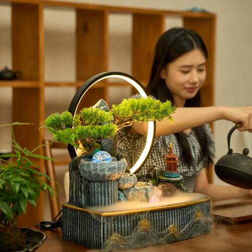 桌面鱼池造景假山流水喷泉风水轮