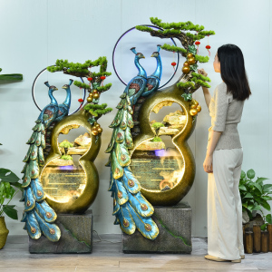 新中式孔雀凤凰流水葫芦喷泉客厅入户玄关落地摆件开业乔迁高档礼