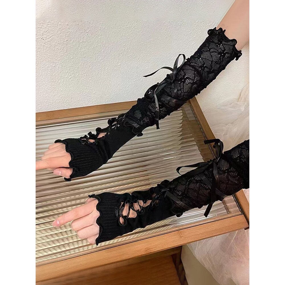 黑色长款亚文化配饰手套lolita蕾丝女绑带手袖套洛丽塔芭蕾亚比风