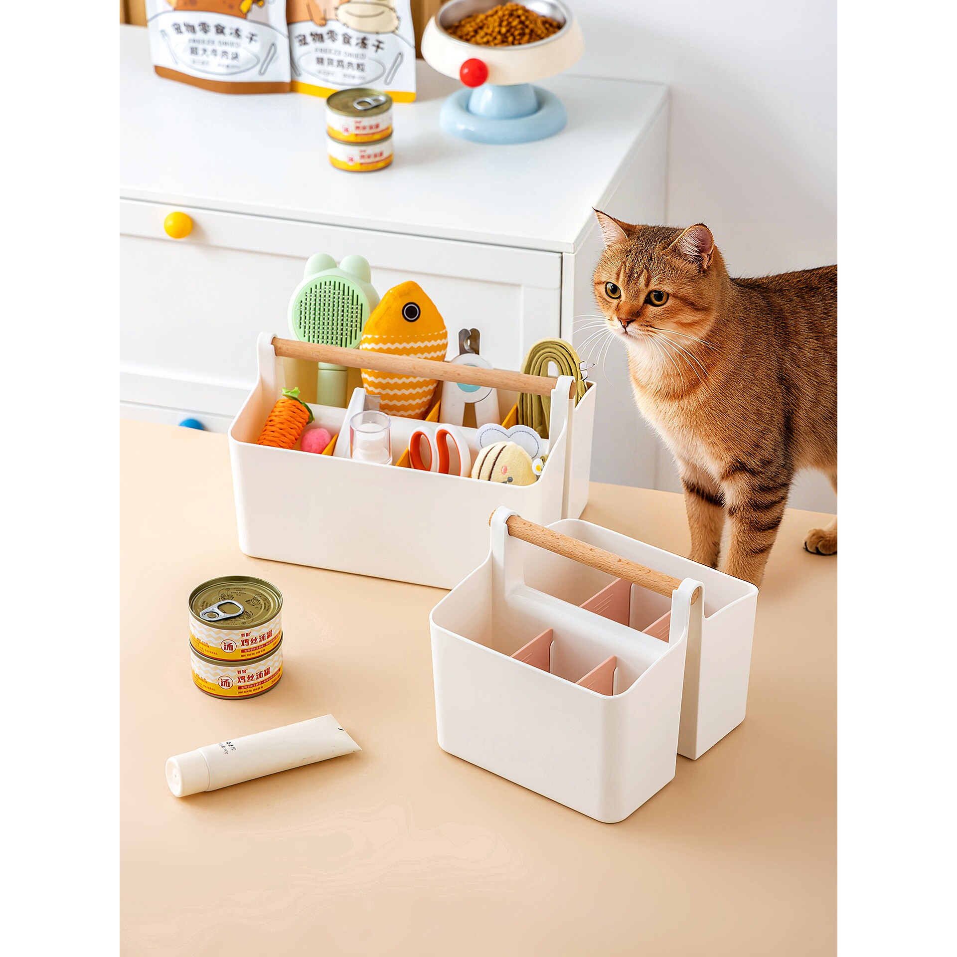 宠物用品收纳箱梳子指甲刀收纳盒宠物猫条罐头零食玩具分格置物架