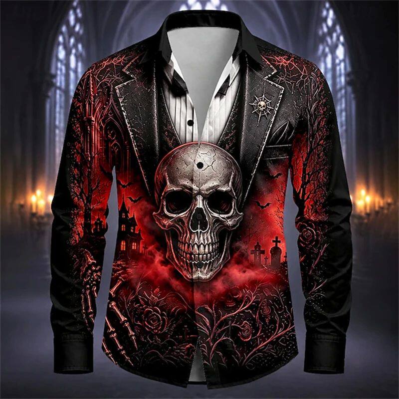 休闲万圣节骷髅头印花长袖衬衫男Halloween loose 3D printed top