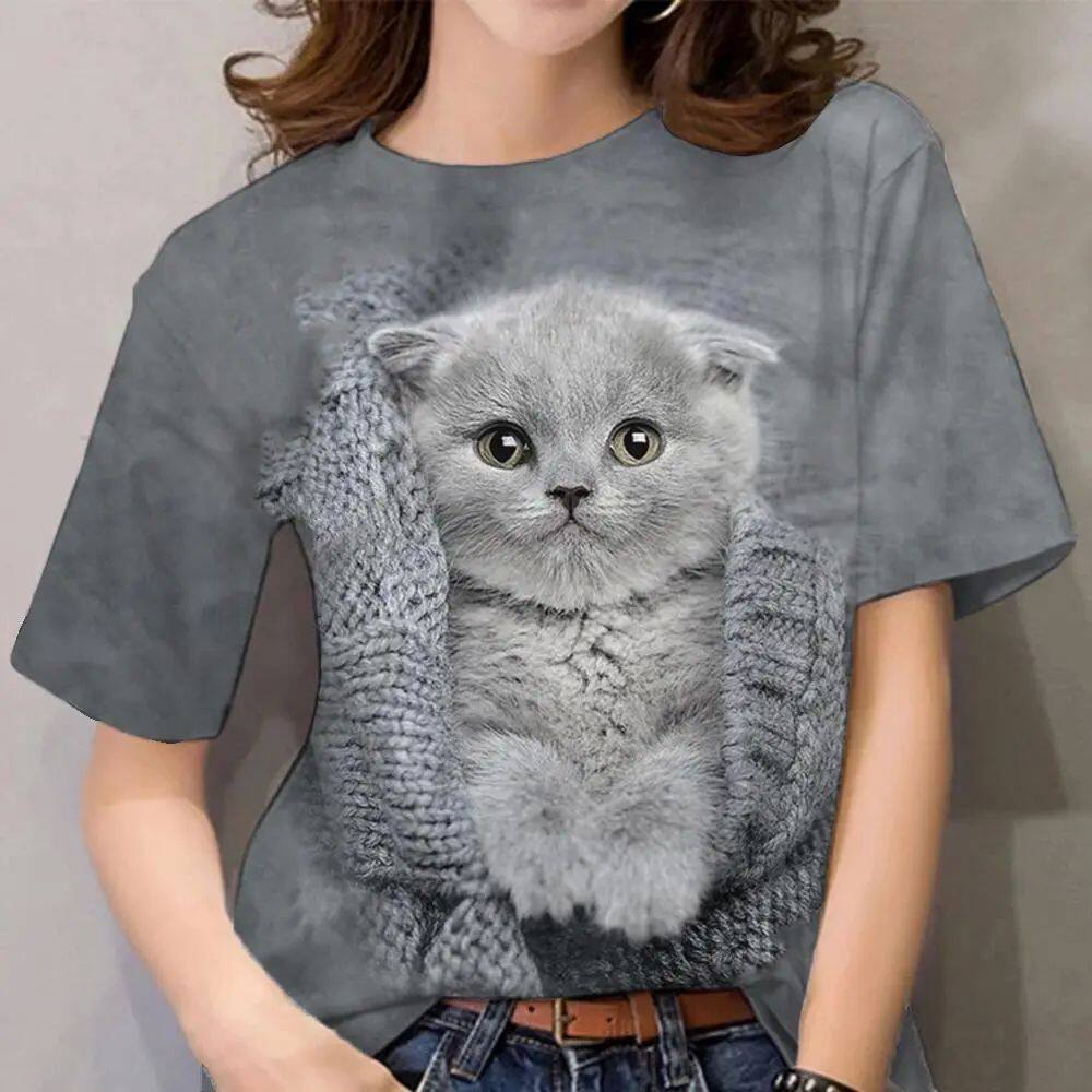 Cat printed short sleeved loose fitting T-shirt猫咪印花T恤女 - 实物图