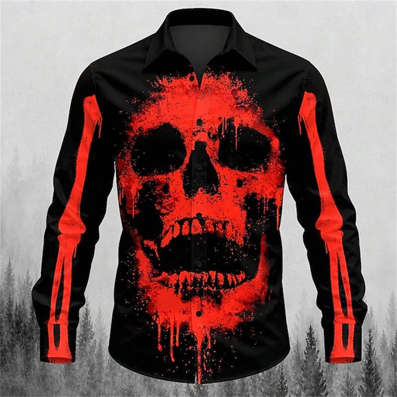 大码骷髅头印花长袖衬衫男Loose plus size 3D printed shirt top