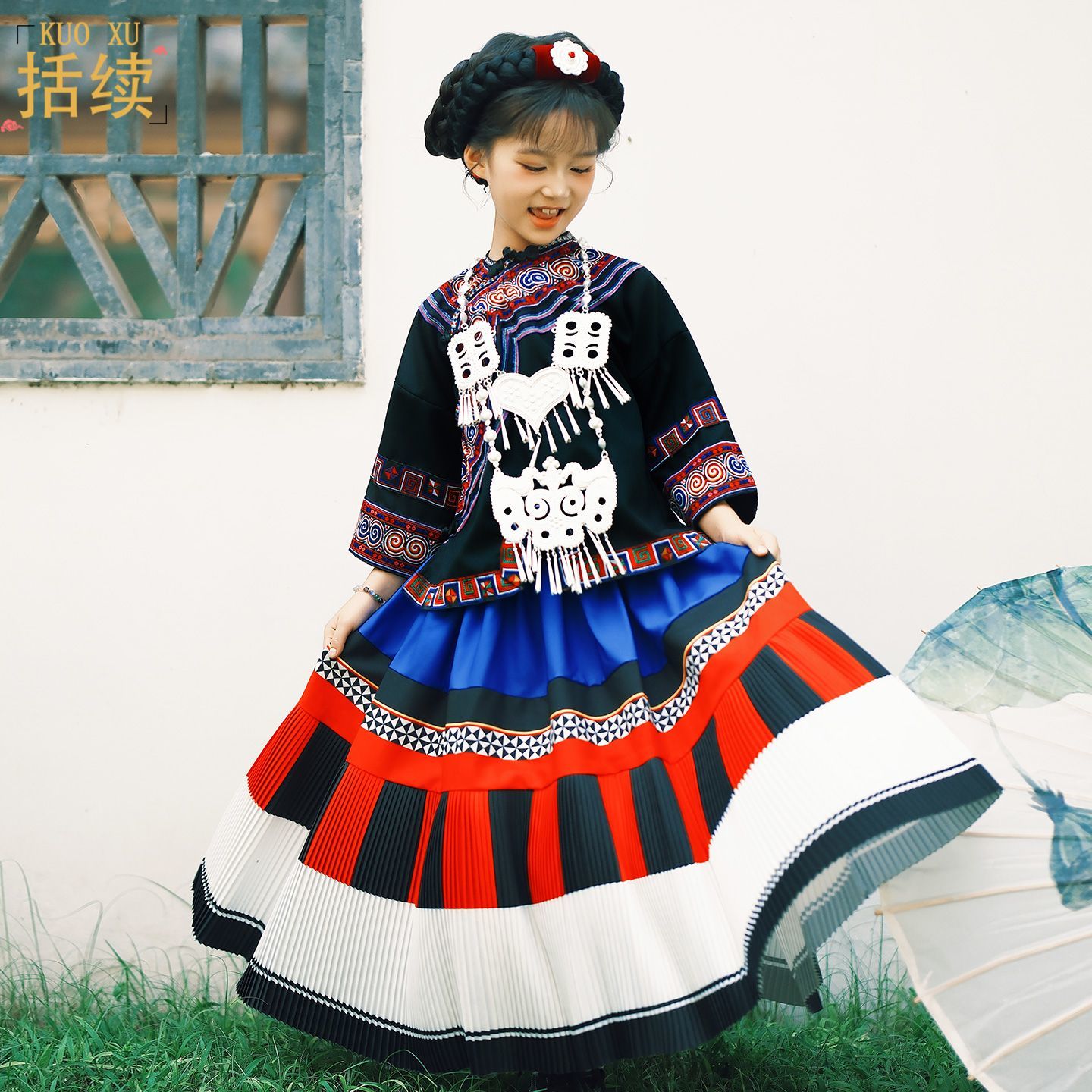 儿童彝族舞蹈服云南四川火把节女童开场舞大摆裙摄影走秀民族服装