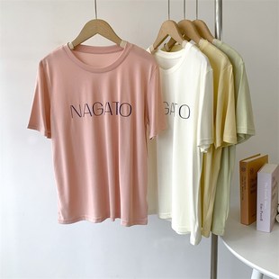 T恤女丝滑垂感凉凉面膜上衣舞蹈服女 铜氨丝莫代尔字i母印花短袖