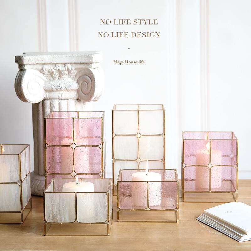 直销铜色中号方格怀旧风白色粉色玻璃风灯蜡烛防风烛台摆件,电子元器件市场,其它元器件,淘宝优惠券,粉丝福利购,淘宝优惠卷
