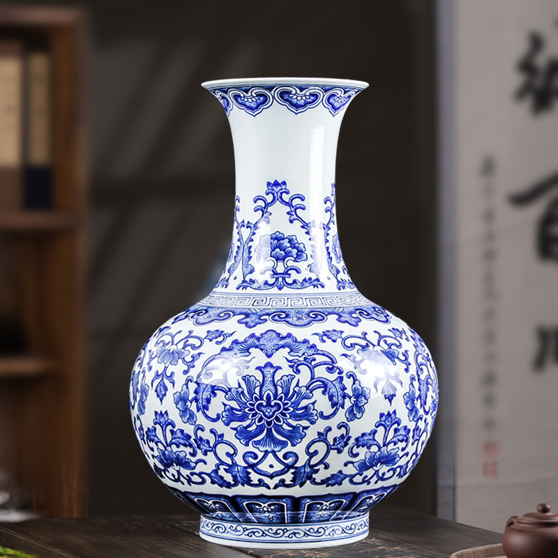 景德镇陶瓷器花瓶手绘彷古青花瓷花瓶新中式客厅摆件大号中式摆件