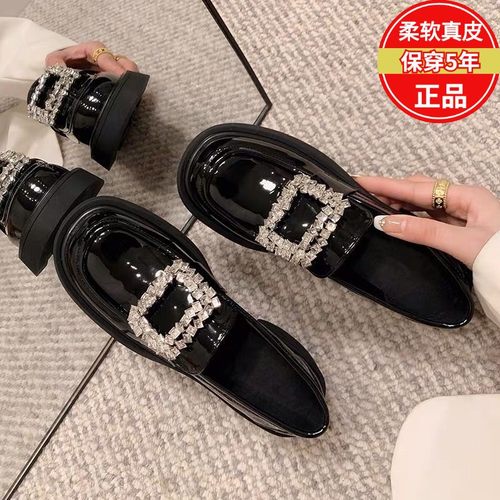 牛皮版真皮厚底乐福鞋女秋冬新款水钻方扣圆头英伦粗跟小皮鞋单鞋