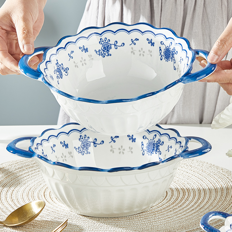 釉下彩加厚陶瓷青花家用双耳汤碗