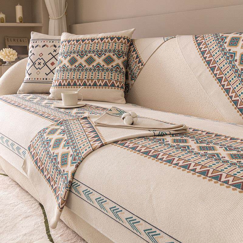 中式棉麻沙发垫四季通用防滑固定米色高级座垫民族风盖布2024新款