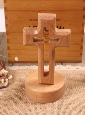 十字架实木桌面摆件创意榉木家居客厅玄关摆饰工艺品电视柜小摆台