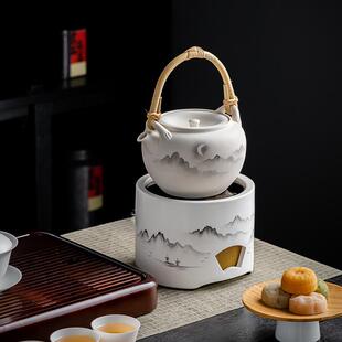 手绘水墨电陶炉煮茶器家用煮茶壶煮茶炉陶烧水壶围炉煮茶泥炉 中式