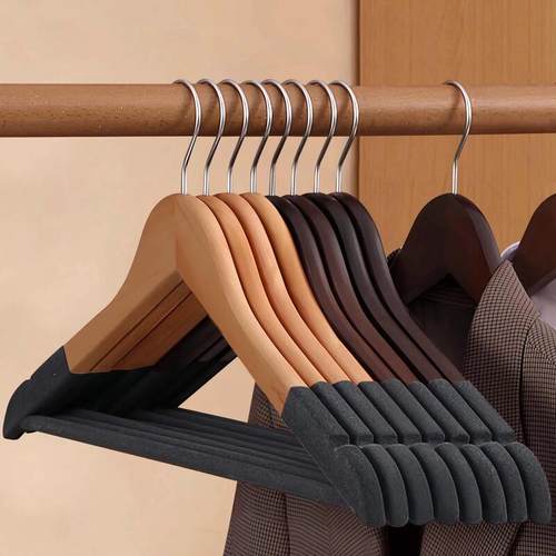 实木植绒衣架防滑无痕家用挂衣撑衣服架子木质木头衣柜收纳服装店