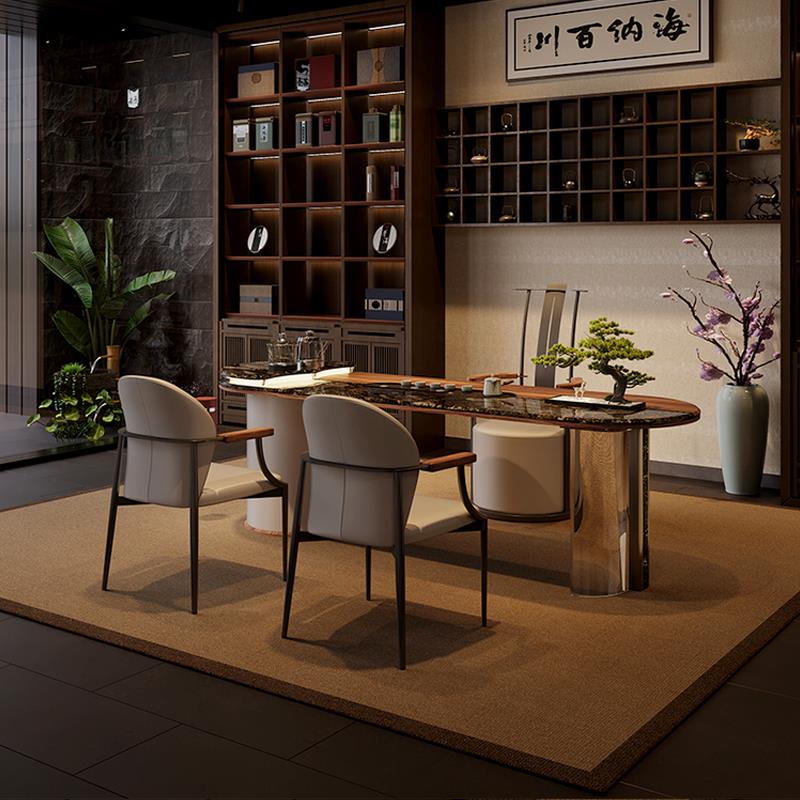 禅意时尚实木岩板茶台新中式家用客厅办公室烧水壶一体简约茶台椅