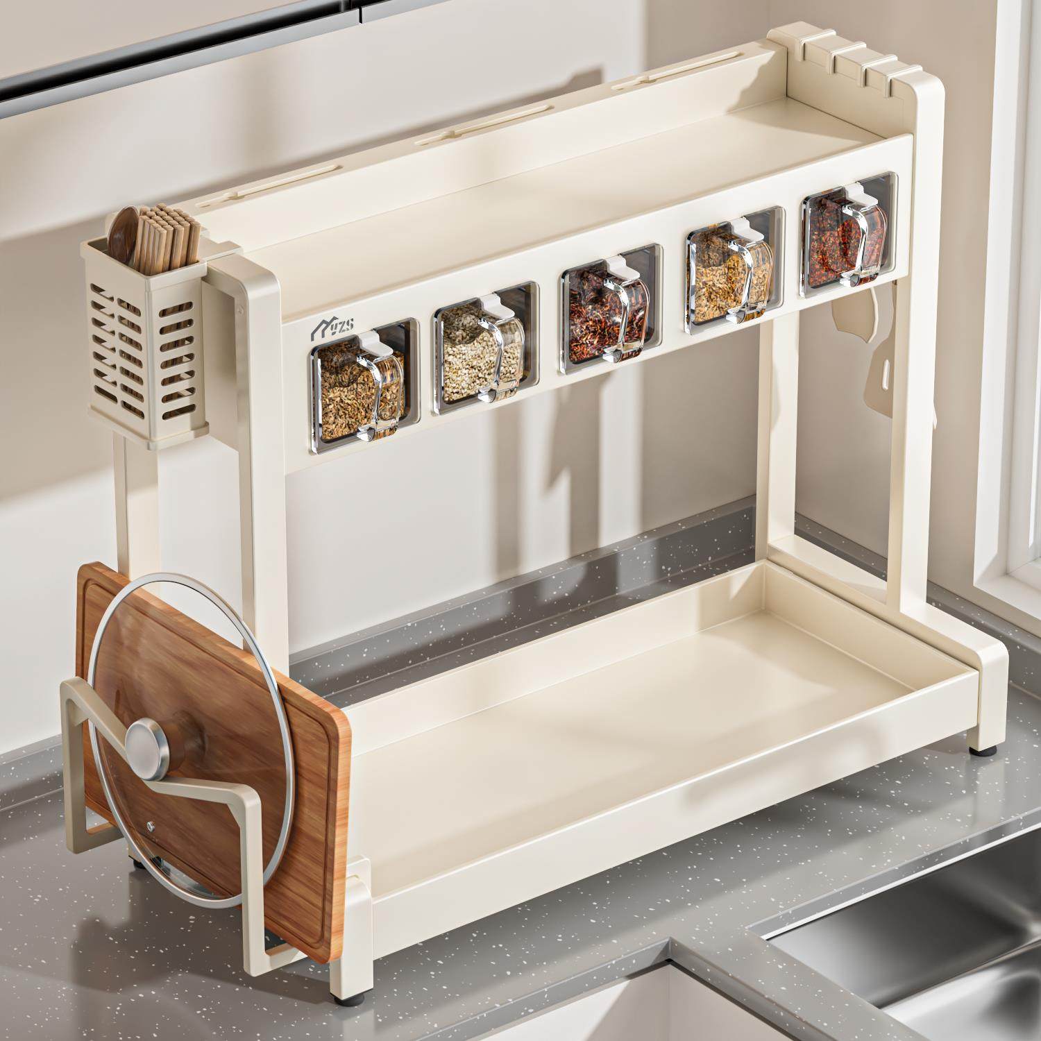 奶白厨房调料置物架盐调味品盒罐多功能刀架家用台面多层收纳层架