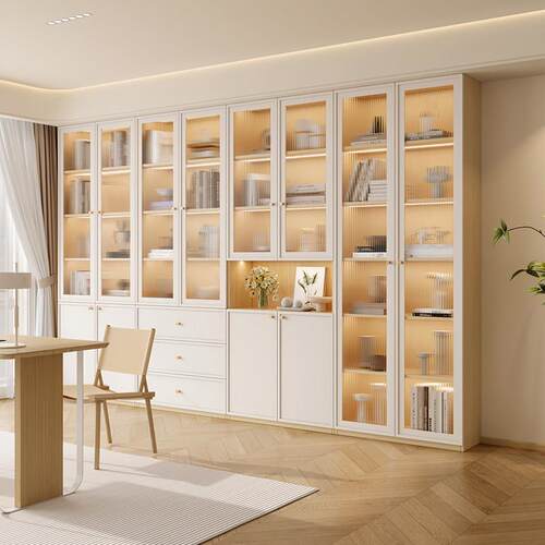 法式原木风书柜一体整墙到顶去客厅书架书橱书房储物柜展示柜定制