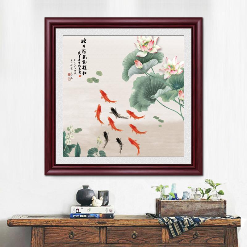 新中式正方形九鱼图玄关挂画客厅沙发背景墙装饰画中国风禅意壁画图片