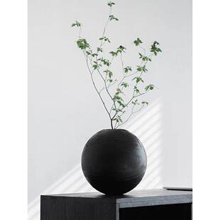 侘寂风碳化木圆形实木花瓶摆件客厅插花民宿新中式禅意圆球形花器