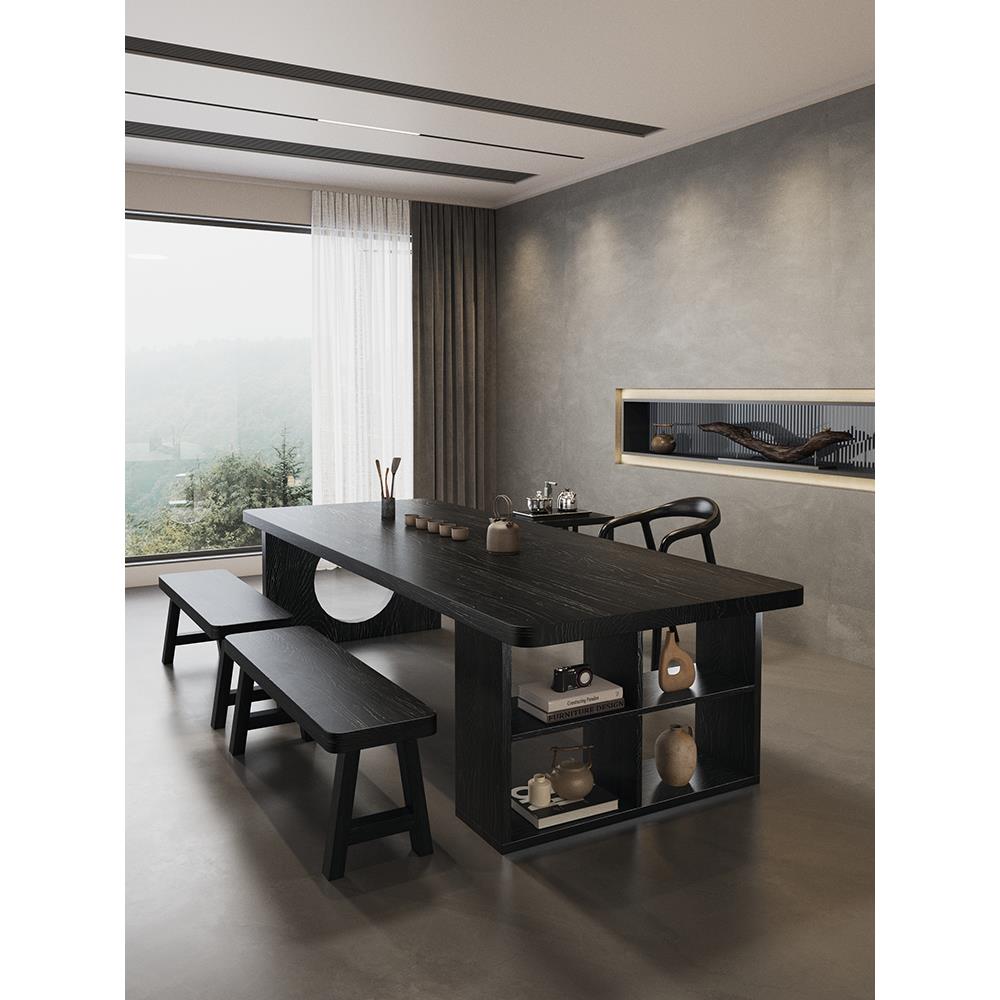 实木大板茶桌书桌一体两用侘寂风茶几客厅家用黑色高级办公室茶桌