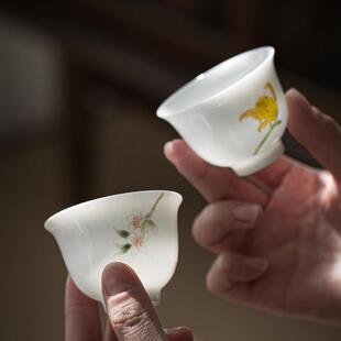 甜白瓷手绘小茶杯单杯景德镇薄身纯手工功夫茶杯大师杯陶瓷茶杯