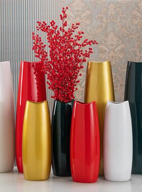 落地白色椭圆大花瓶 60cm红色陶瓷花瓶 客厅墨绿色花器金色可装水