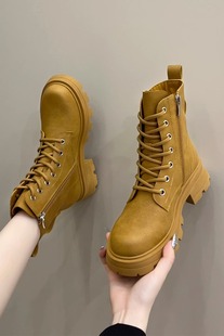 短靴子 英伦风炸街厚底黄色大码 真皮马丁靴女冬加绒2025年新款 秋季
