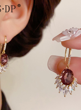 轻奢时尚复古紫色镶钻水滴耳坠女秋冬新款气质百搭高级感耳钩批发