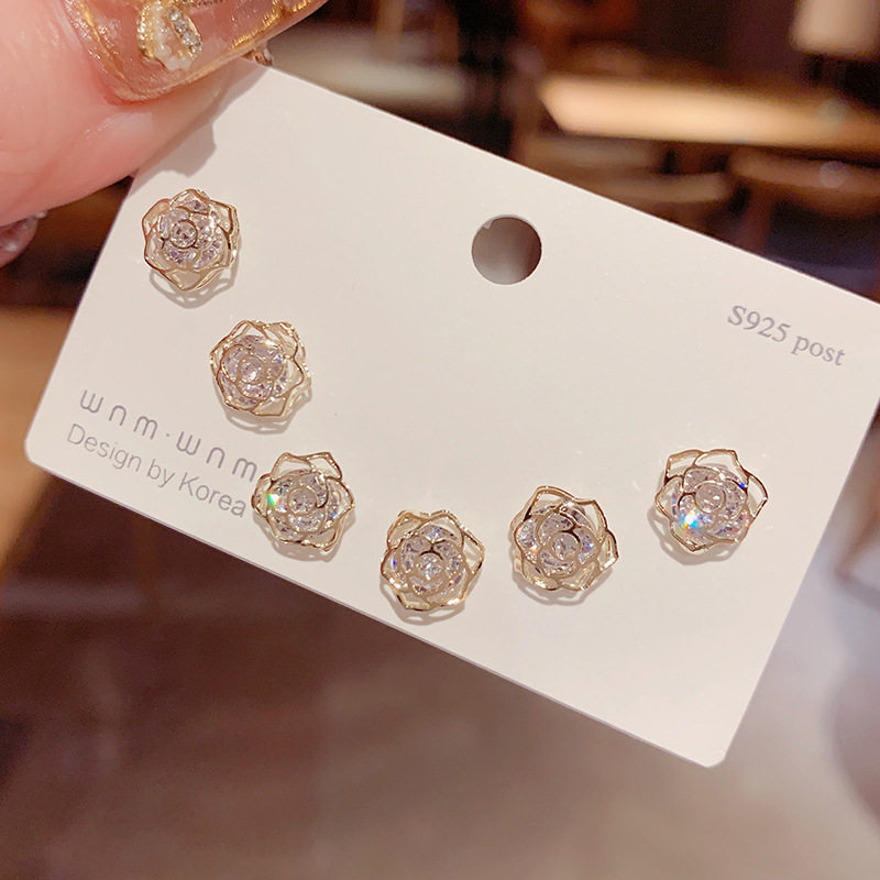 s925银针锆石玫瑰花组合三件套耳钉一卡三对时尚精致小巧百搭耳环,饰品/流行首饰/时尚饰品新,耳钉,淘宝优惠券,粉丝福利购,淘宝优惠卷
