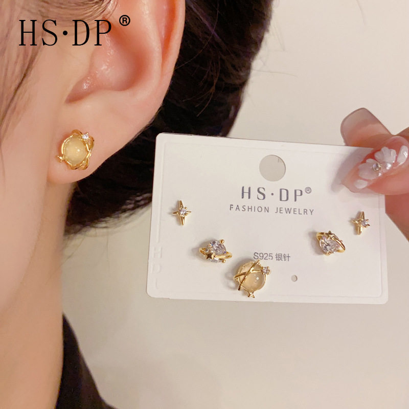 日韩气质时尚简约小巧猫眼石芒星星球三件套耳钉精致s925银针耳环