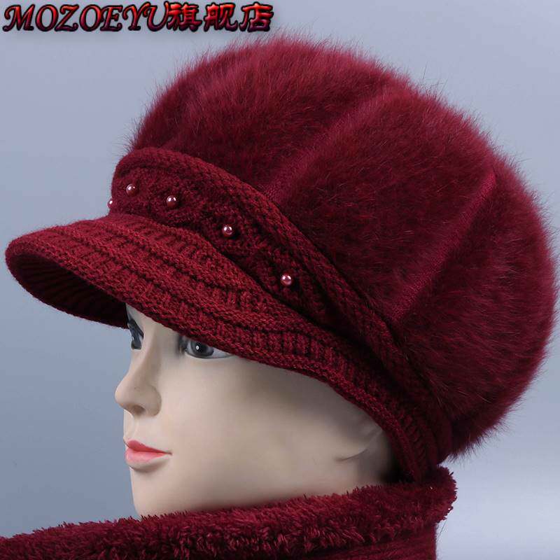 冬季妈妈帽子女老人奶奶加绒兔毛线帽中老年人保暖帽加厚针织棉帽