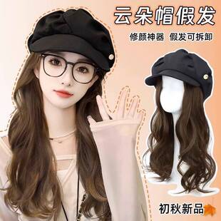 八角帽带戴帽子的假发女一体秋冬季长卷发时尚假发帽女款2023新款