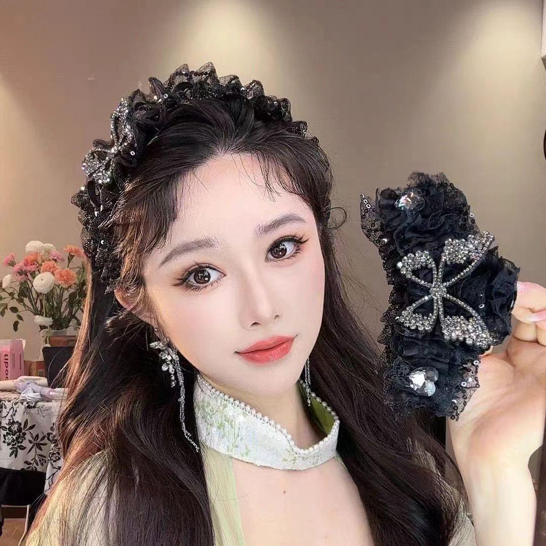 新款复古高级感闪钻蝴蝶发箍宽边压碎发头箍高颅顶显脸小百搭发夹