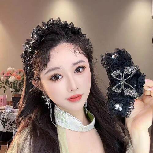 新款复古高级感闪钻蝴蝶发箍宽边压碎发头箍高颅顶显脸小百搭发夹