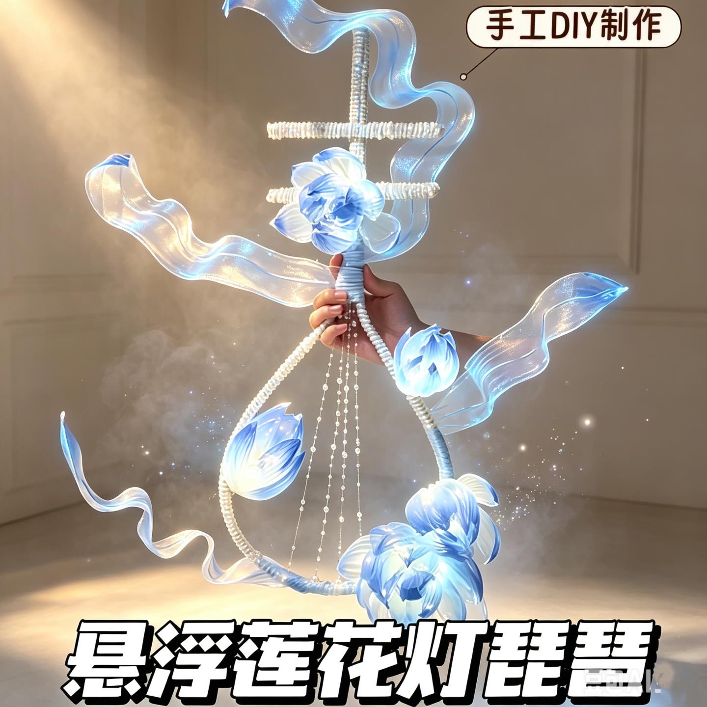 蓝悬浮莲花灯琵琶造型手工扭扭棒材料包diy古风拍照氛围琵琶摆件图片