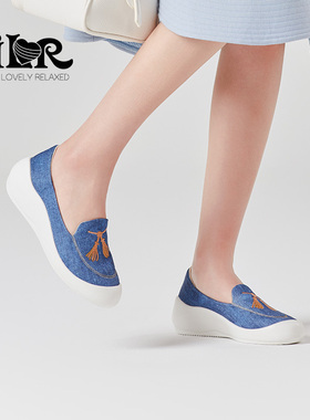 ILR因爱乐诗时尚牛仔刺绣乐福鞋极简厚底坡跟软底舒适休闲女鞋