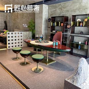 轻奢国潮茶桌椅帆船设计岩板黑檀木雕花高端家用一体泡茶台 新中式