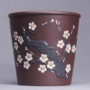 宜兴原矿紫砂杯老紫泥手绘梅香品茗杯全手工小口杯主人茶杯精品