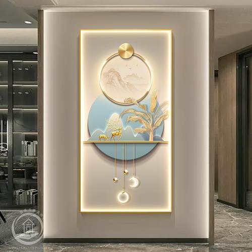 轻奢风玄关装饰画福鹿抽象高档壁画灯现代入户门客厅走廊过道挂画
