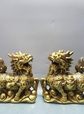 纯铜财富元宝如意麒麟一对铜器工艺品招财动物桌面摆件家居装饰品