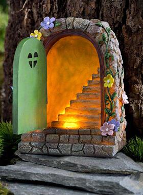跨境仙女花园石门楼梯太阳能庭院树脂摆件花园家居装饰树脂工艺品
