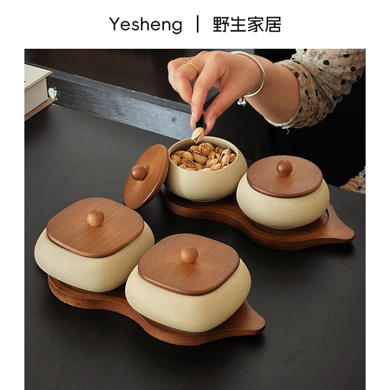 中古风禅意实木带盖分格水果盘图片