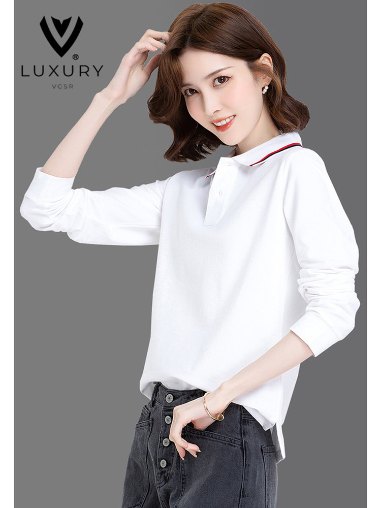 2025春秋高端棉t恤女长袖秋季宽松大码翻领polo衫服运动上衣款